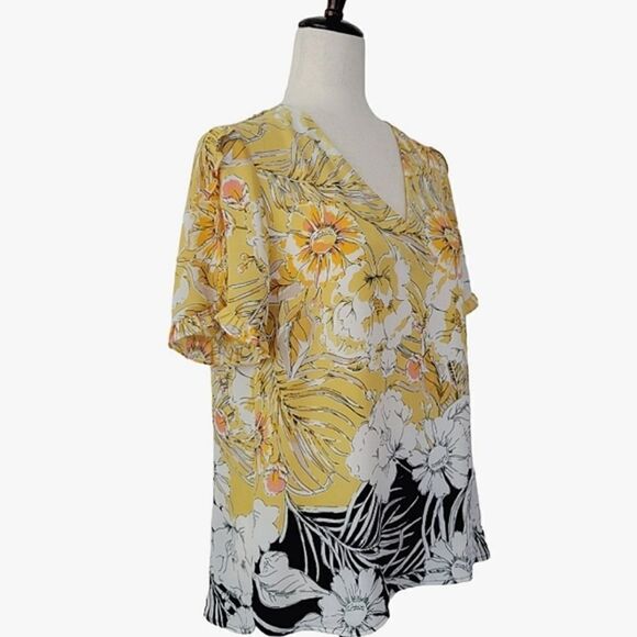 Daniel Rainn Yellow Floral V-neck Ruffle Sleeve Detail Chiffon Blouse Size M - Picture 2 of 9